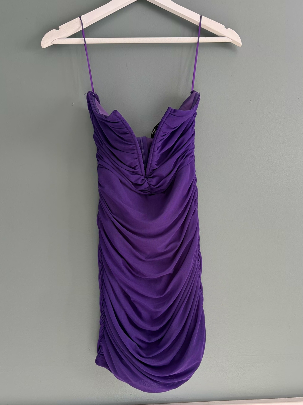 Blue Blush Purple Ruched Mesh Strapless Deep V-Wire Bodycon Mini Dress Small